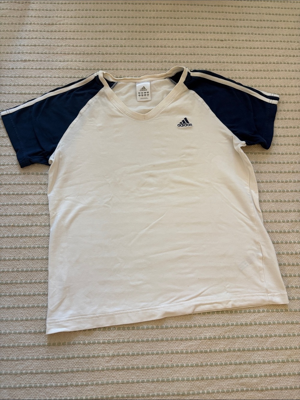 Adidas White Tee with Navy Raglan Sleeves Size - Medium